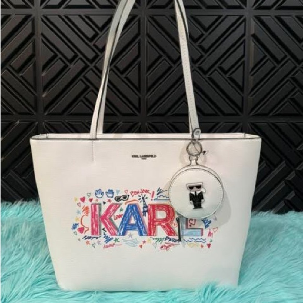 Karl Lagerfeld Paris Adele Large Tote Bag White Multi Grafitti Pouch. NWT